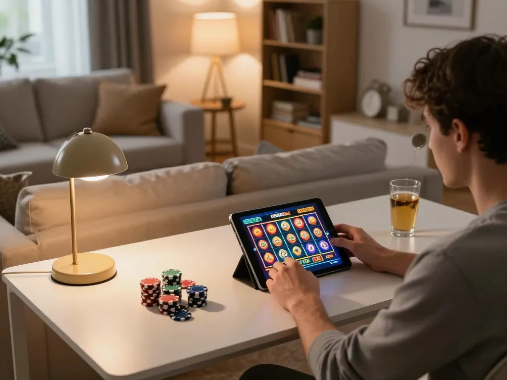 Engaging with sites not on gamstop at home, a player enjoying online casino games on a tablet.