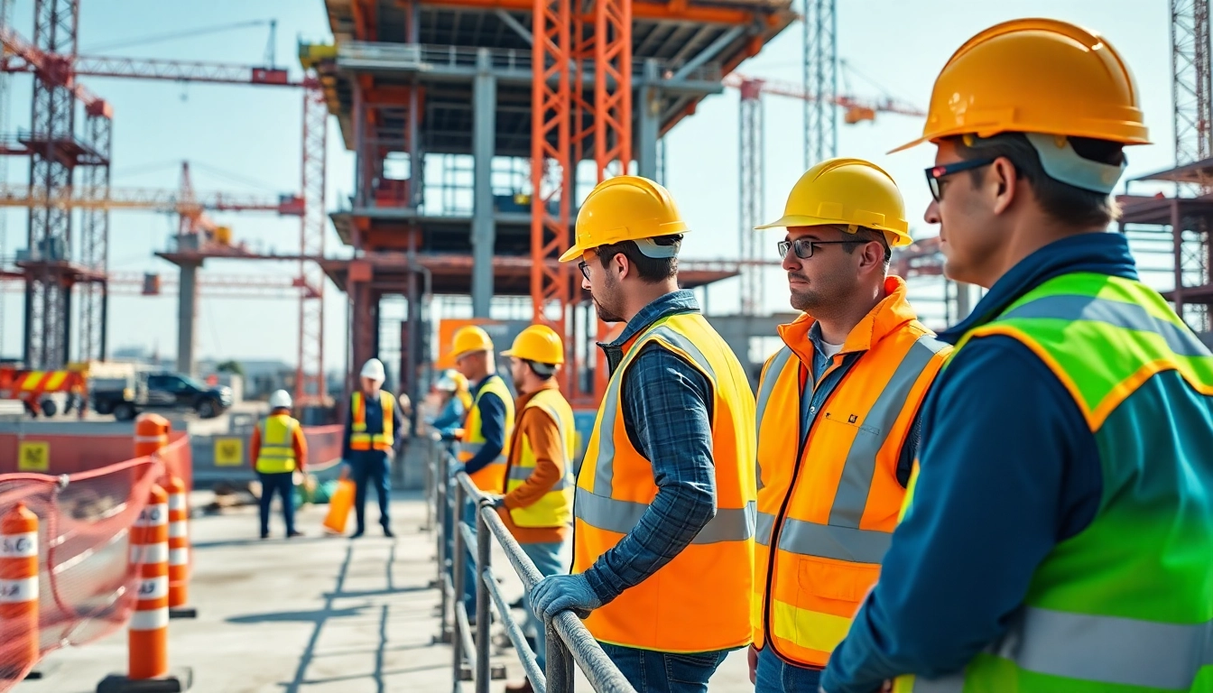 Enhance construction site safety practices with focused workers in protective gear.