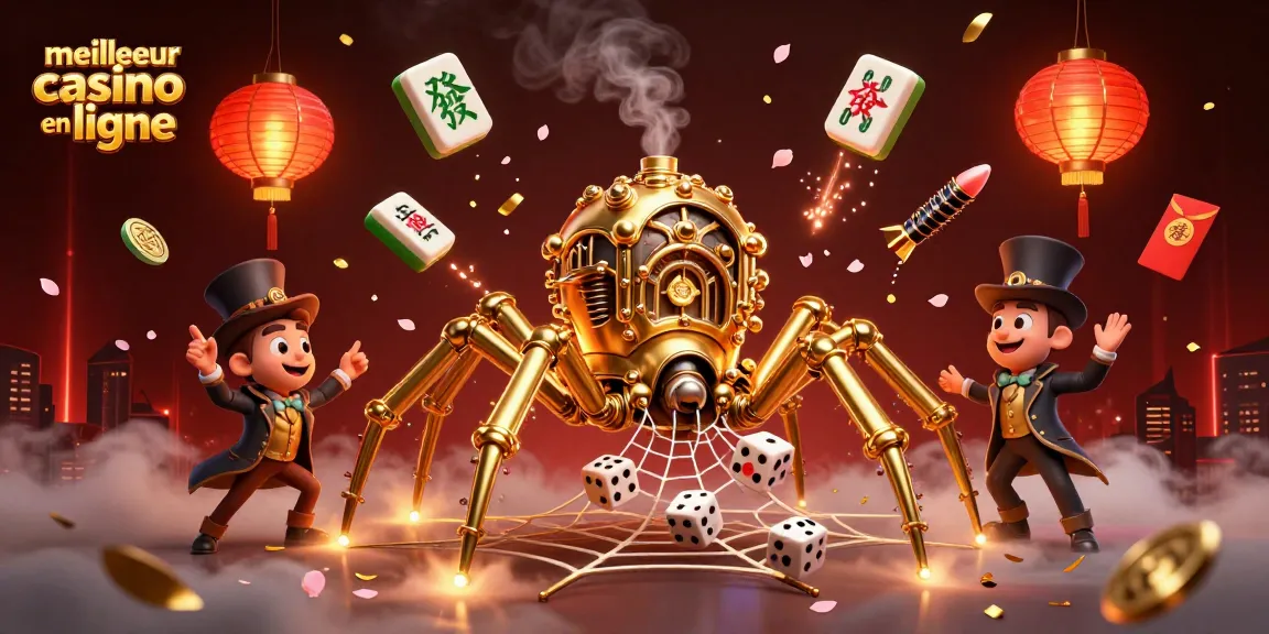 Illustration captivante du meilleur casino en ligne avec une araignée steampunk et des éléments de jeu riches.