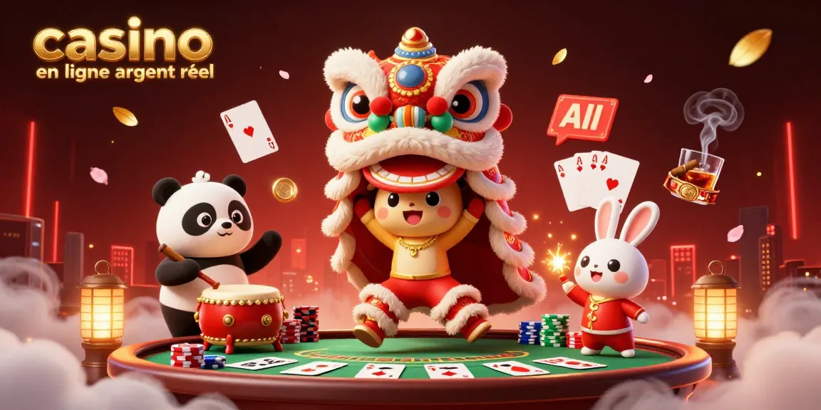 Plongez dans l'univers du casino en ligne argent réel avec un lion dansant, un panda, et un lapin dans une scène festive remplie d'éléments de jeu.