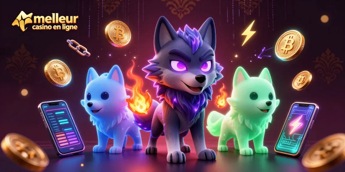 Visualisez le meilleur casino en ligne avec des personnages de jeu et des éléments de crypto-monnaie animés.