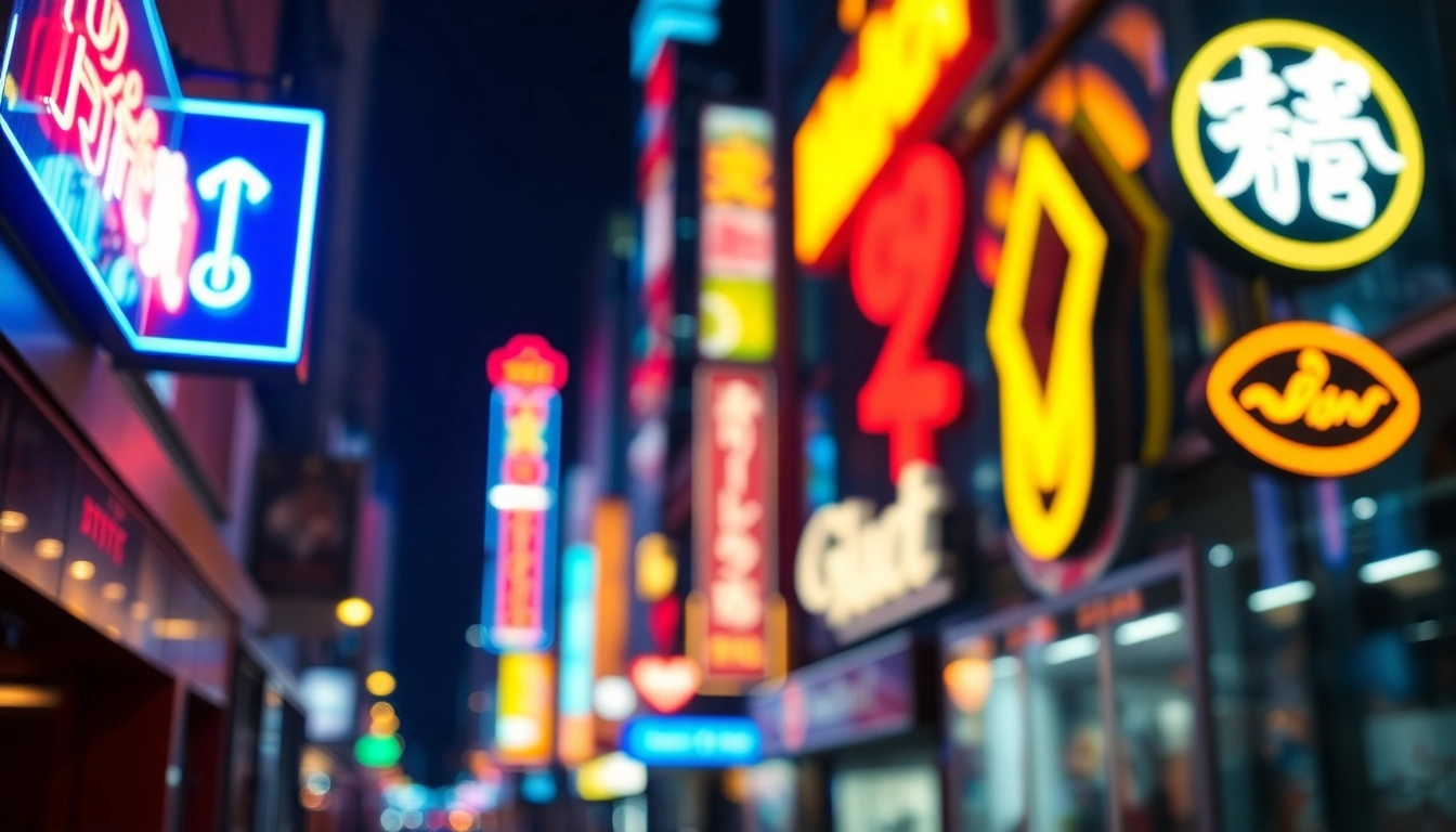 Illuminated electrical signs displayed in a vibrant cityscape at night.