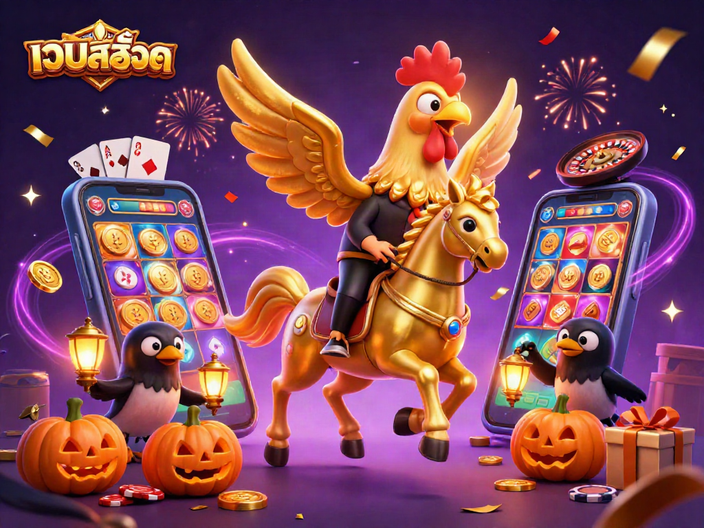 Engage with เว็บสล็อต as golden rooster rides through a vibrant casino scene packed with games.