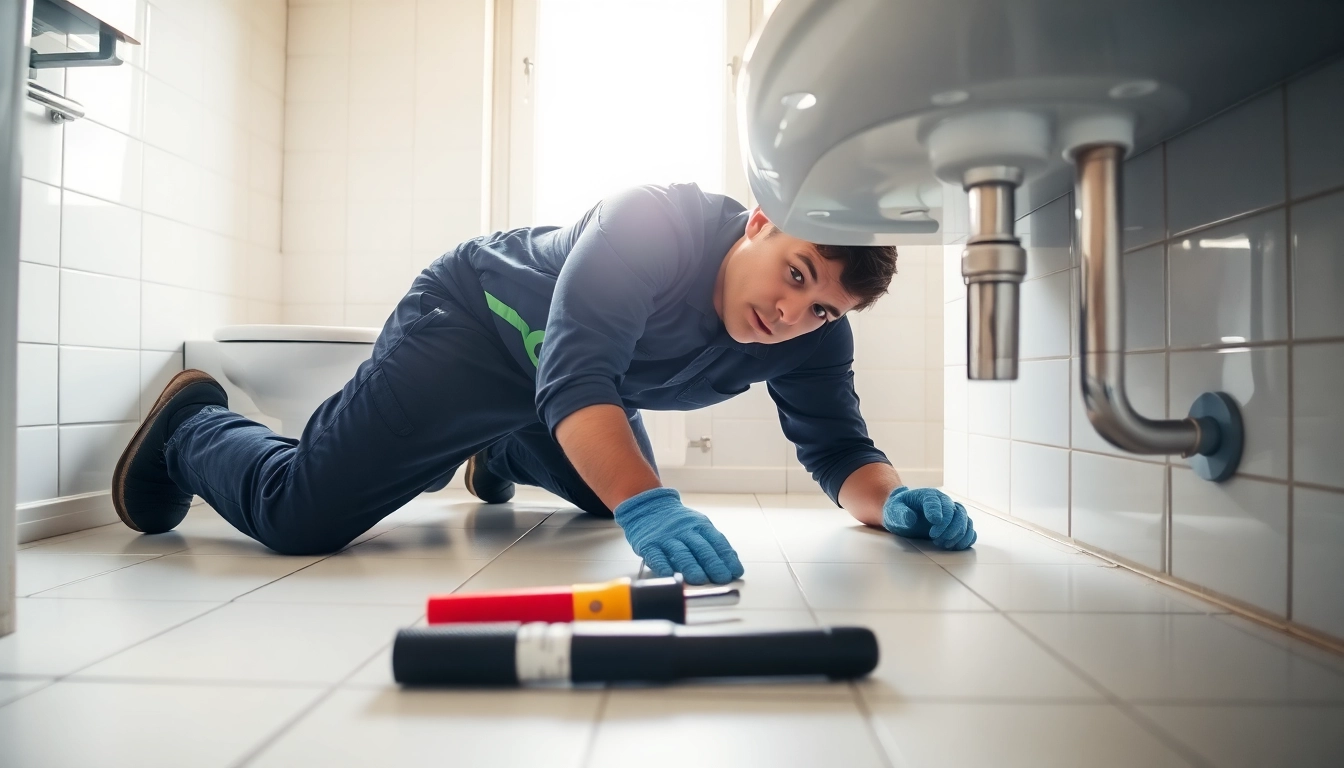 Skilled Bristol plumber repairing a sink in a modern bathroom, showcasing expertise and professionalism.