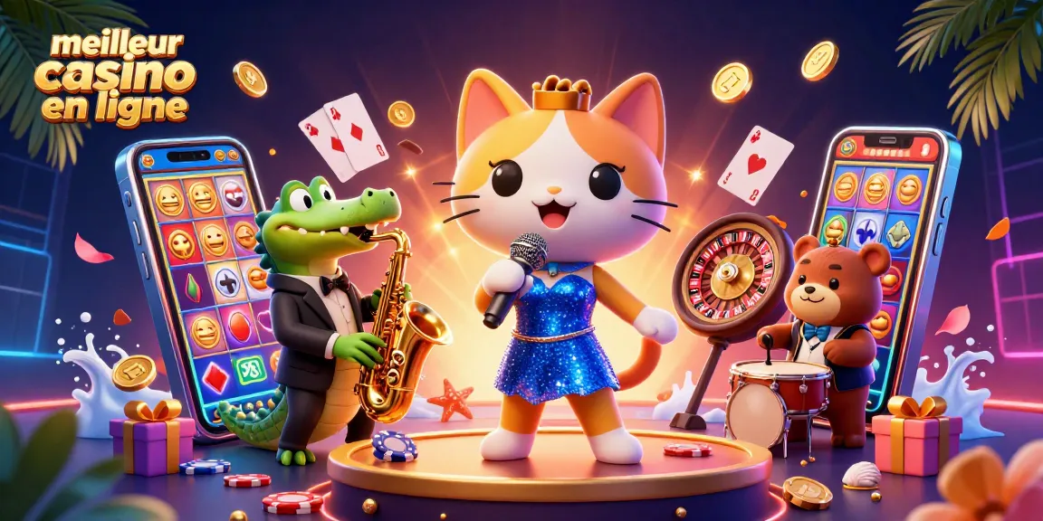 Rejoignez le meilleur casino en ligne avec un chat chanteur et des jeux palpitants en arrière-plan.