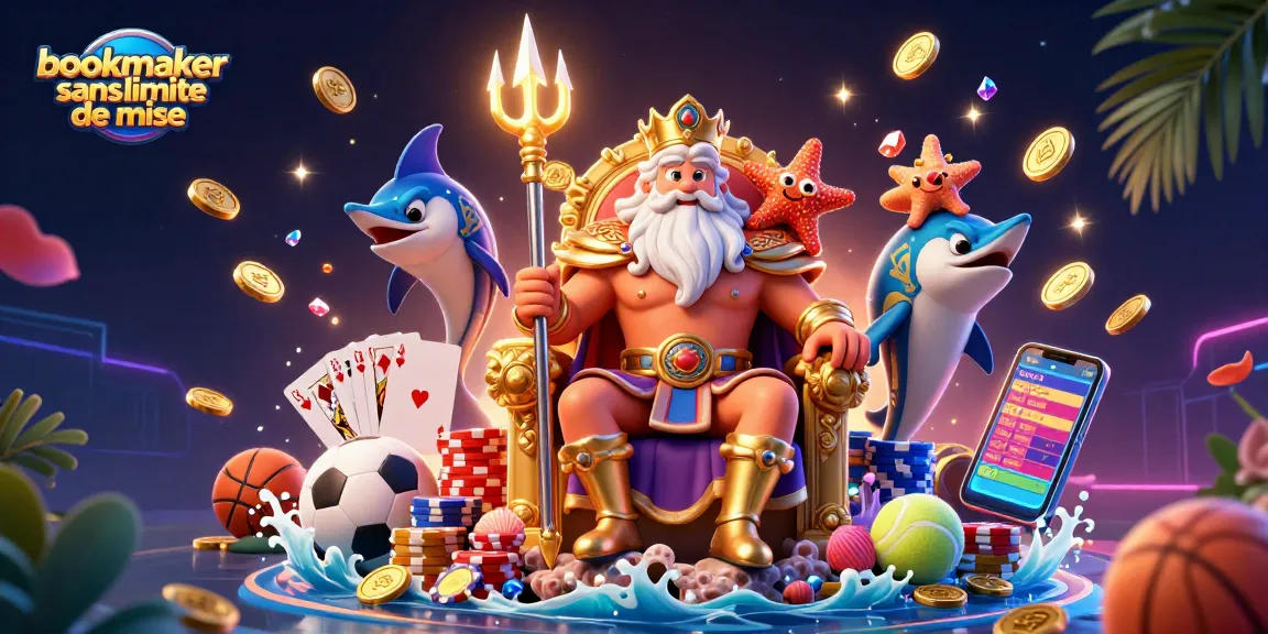 Misez avec des paris à enjeux élevés chez un bookmaker sans limite de mise, illustration riche détaillée avec le roi Neptune et des éléments de paris.