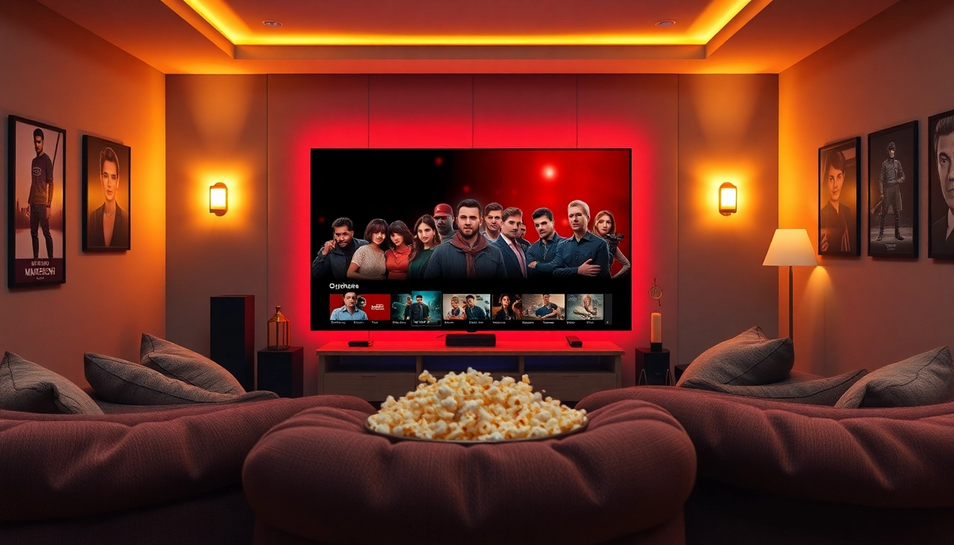 Enjoy a cozy home setting to watch series online, featuring a big screen and plush seating.