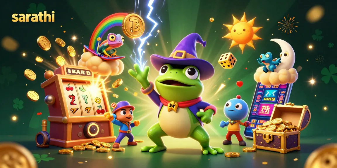 Sarathi gamifies excitement with a vibrant illustration of a wizard frog creating a storm of golden coins amidst thrilling casino action.