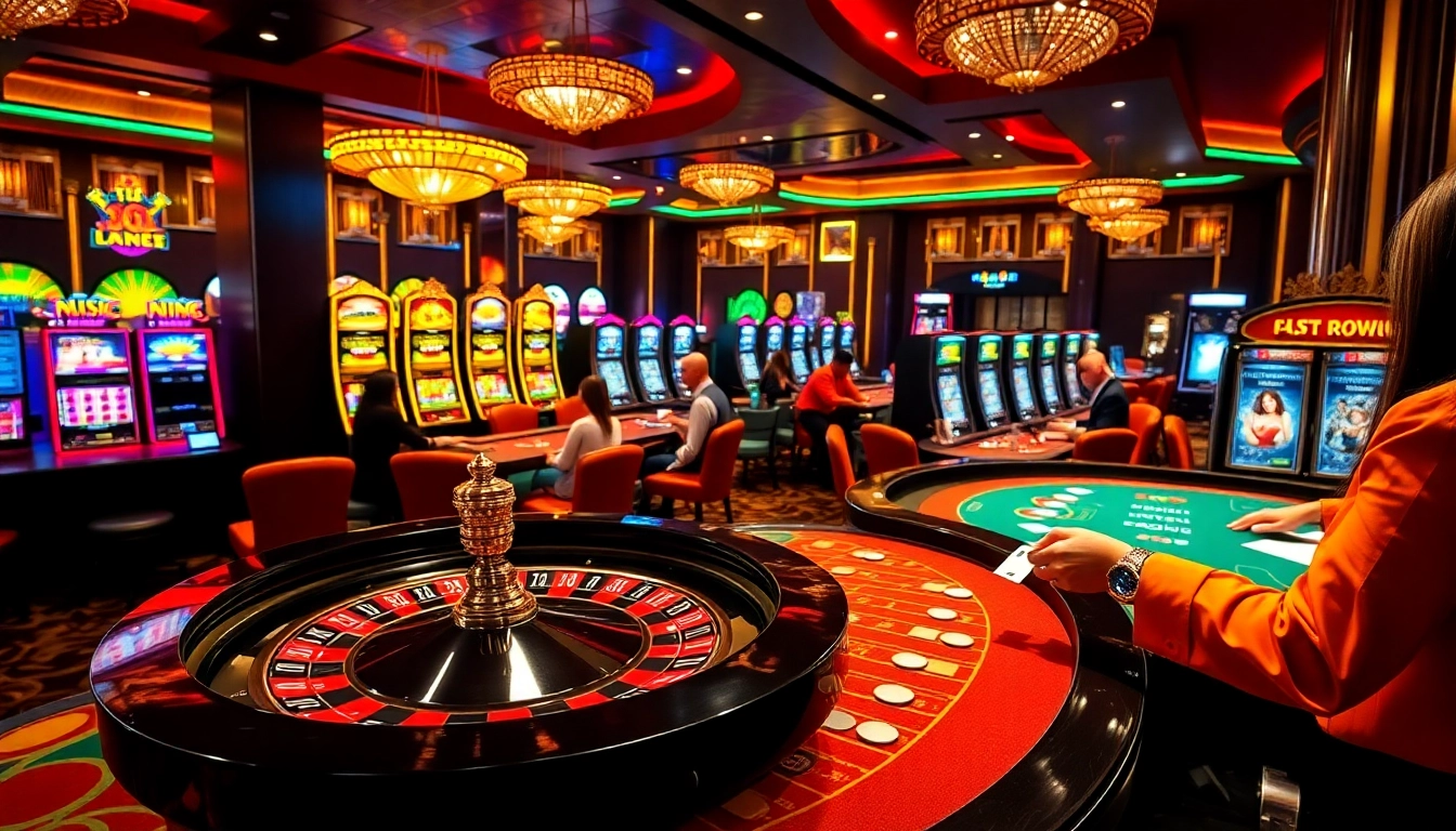 Players enjoying thrilling games at https://riobett.com.br with vibrant tables and slot machines.