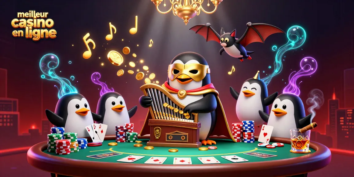 Visualisez le meilleur casino en ligne avec des jetons de poker et des pièces dorées qui volent autour des personnages.