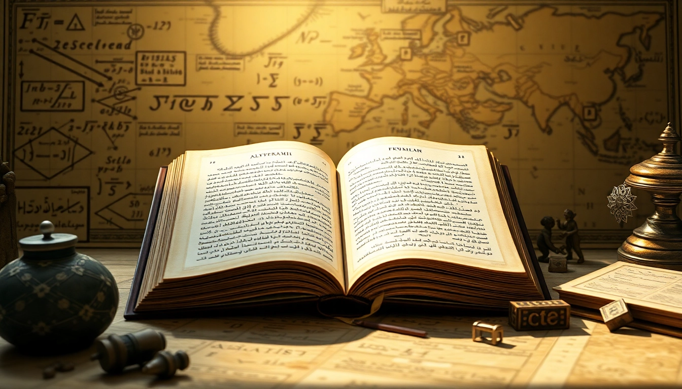 Explore algorithm etymology through an ancient book with mathematical symbols and historical artifacts.