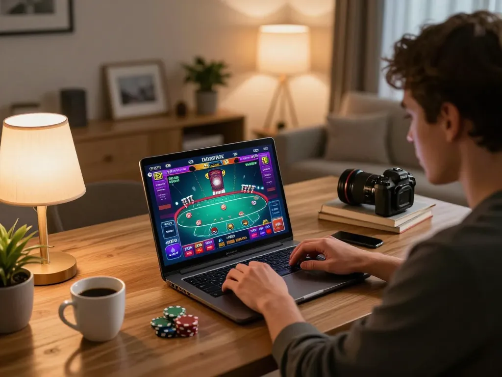 Engaging poker gameplay on the okwin casino app, highlighting strategic moves in a cozy online setup.