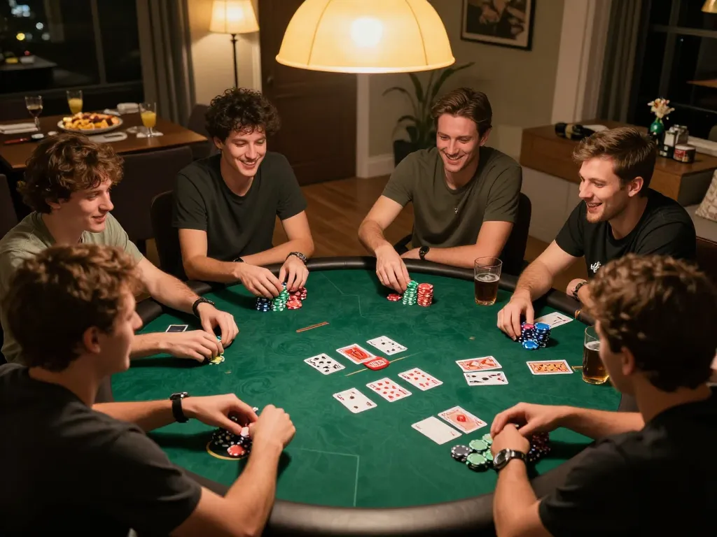 Adegan poker di rumah yang menarik, menampilkan teman-teman yang menikmati malam permainan dengan chip dan kartu hoki88 di meja.