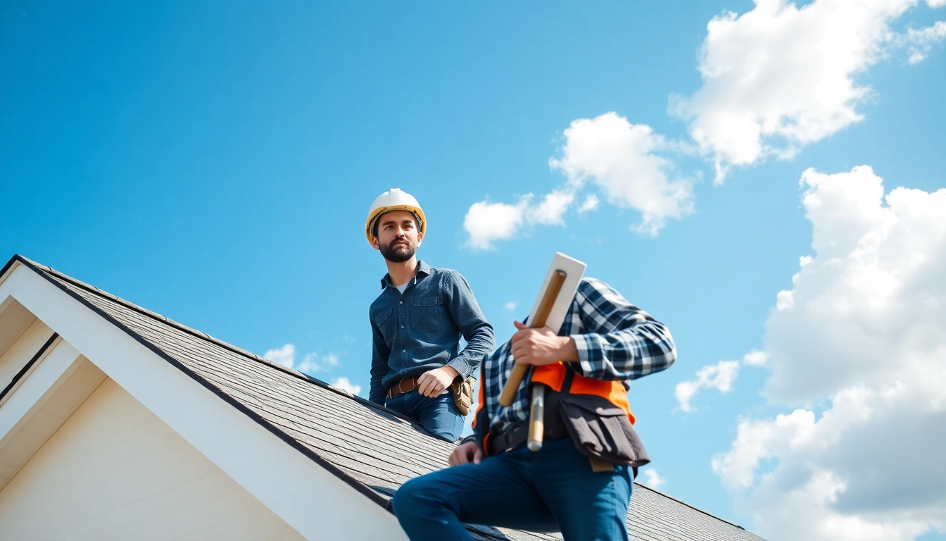 Roofing contractor inspecting a roof with tools, ensuring quality and safety.