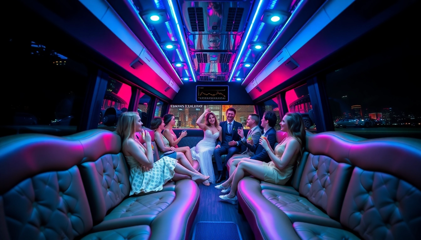 Interior of a 24 passenger party bus rental UK showcasing vibrant lights, luxury seating, and a festive atmosphere.