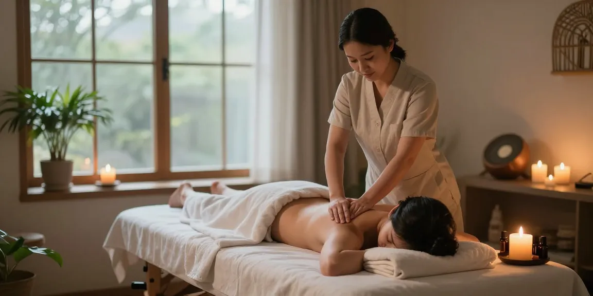 마사지 치료를 받고 있는 모습, 아로마 오일과 촛불로 아늑한 분위기 연출