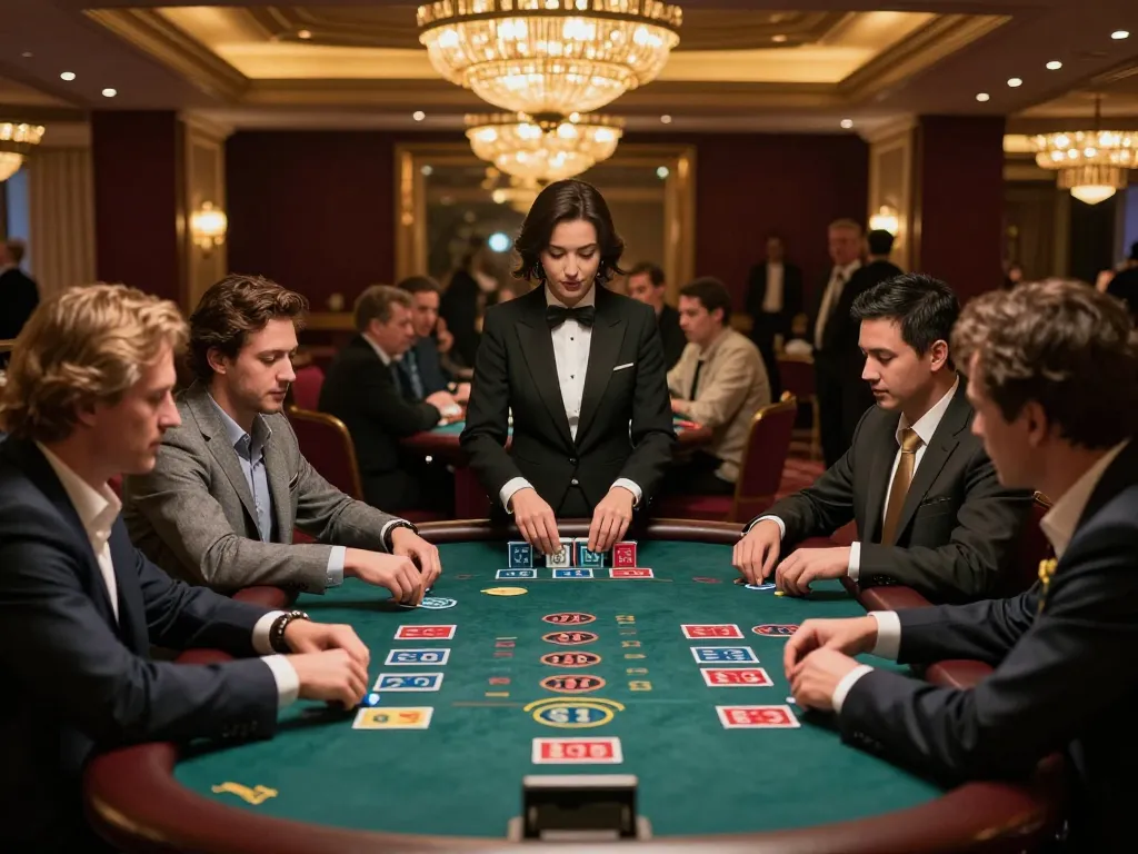 Players at a blackjack table at W188 casino, showcasing intense gameplay and professional atmosphere