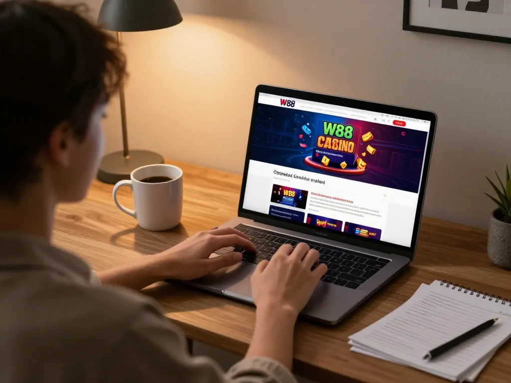 Engaging with Trang Chủ W88 for online gambling in a cozy home setup, showcasing a laptop with casino interface.