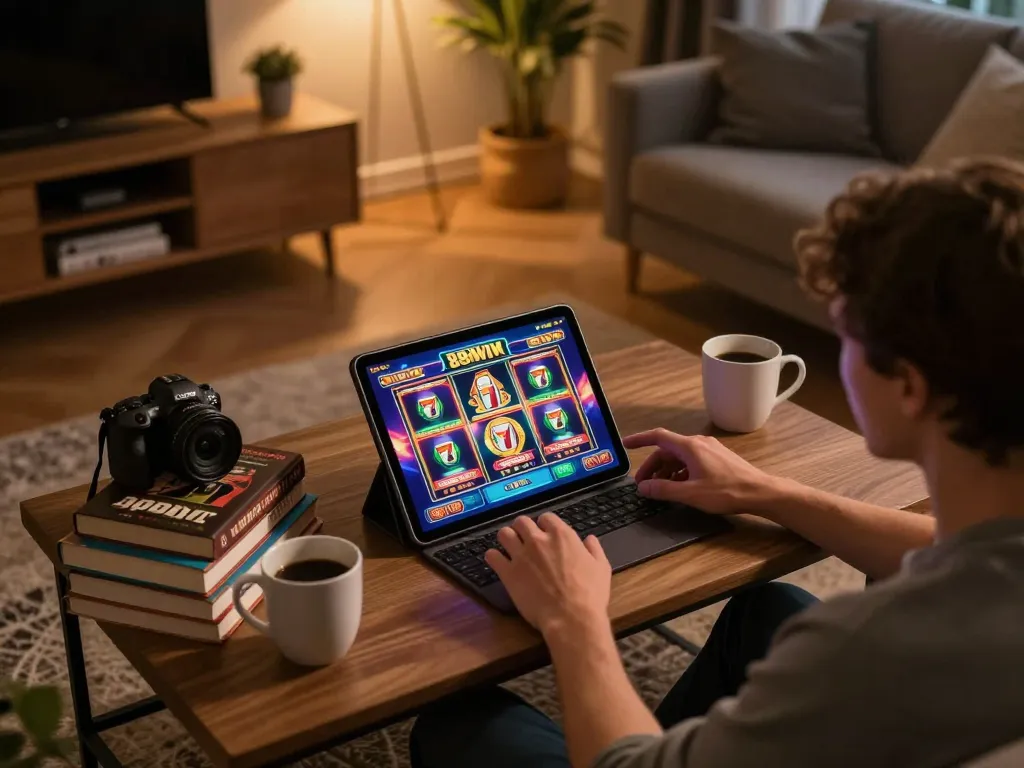 Engaged player spinning the reels on a 789WIN online slot machine in a cozy home setting.