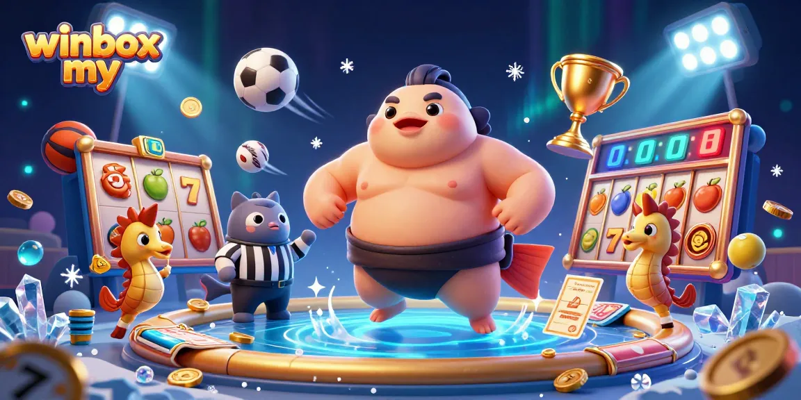 Play slots and win big at winbox my, featuring vibrant casino 3D illustration with dynamic characters and game elements.