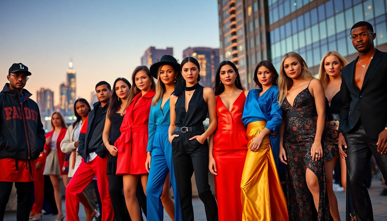 Showcasing diverse fashion and apparel styles in a vibrant urban setting.
