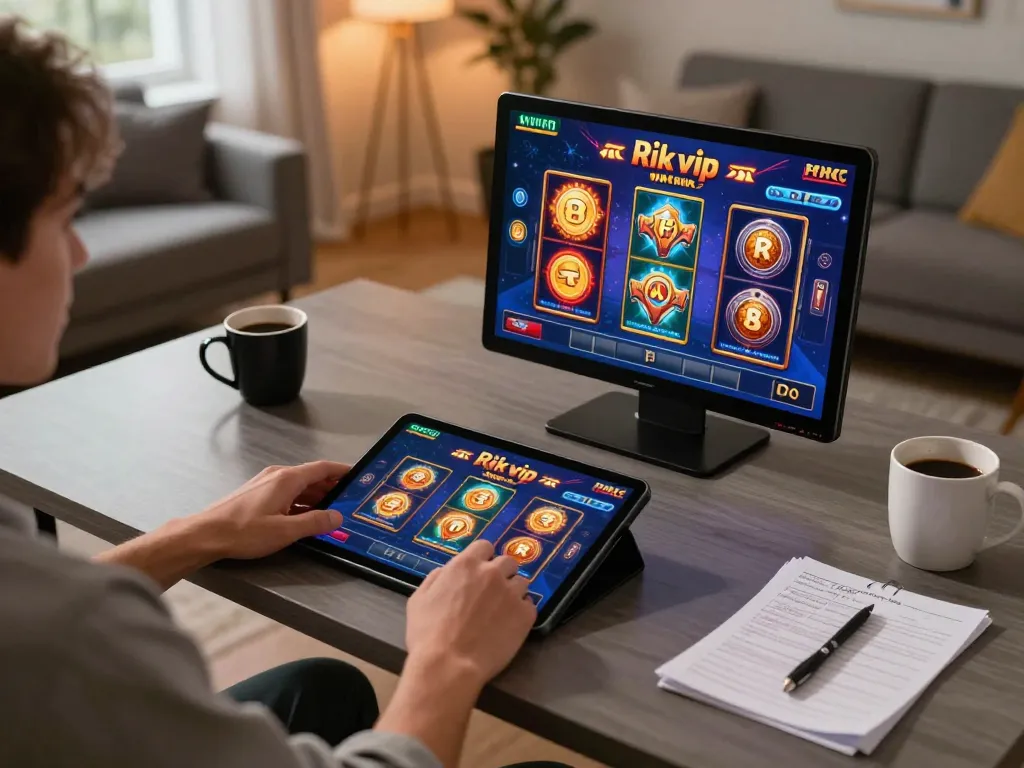 Player enjoying rik vip slots on tablet at cozy home desk with strategy notes