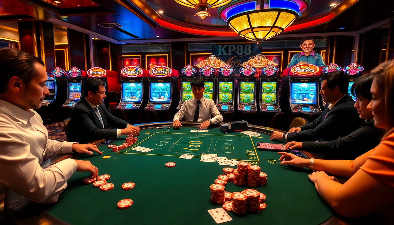 Players experience high-stakes excitement at the KP88 gaming table in a luxurious casino setting.