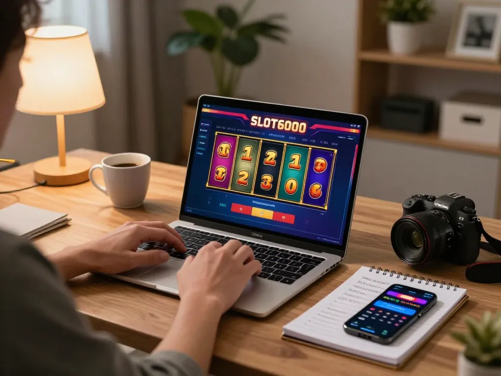 SLOT6000 online gaming interface showcased on a laptop during a cozy home gaming session.