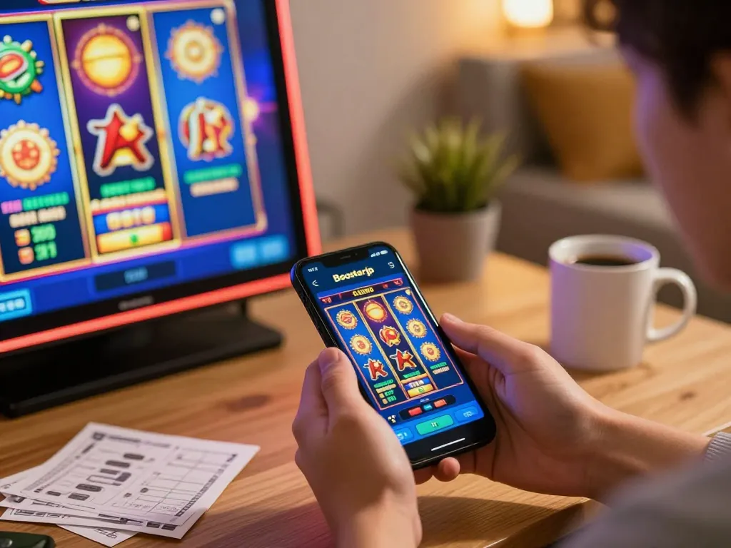 Player enjoying the boosterjp online slots on smartphone in a cozy home setting, conveying excitement and strategy.