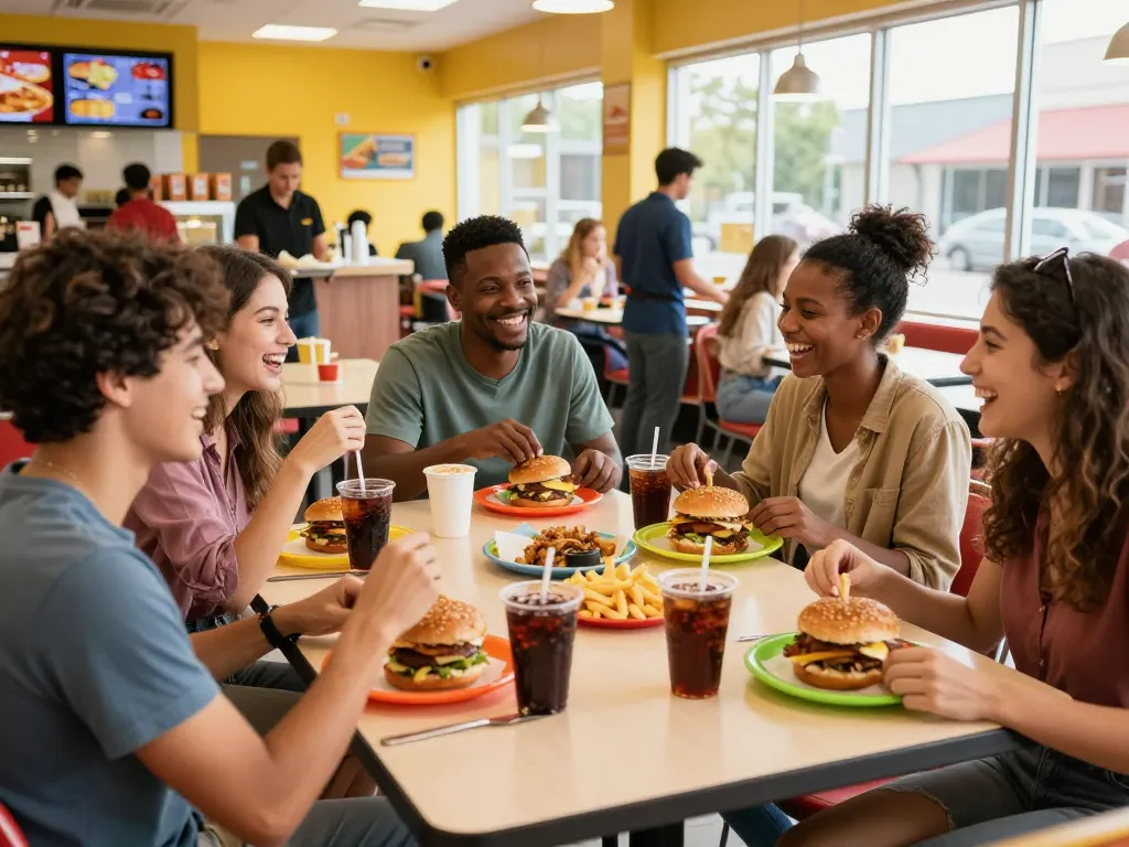 Exciting fast food menu items shared among friends in a vibrant restaurant.