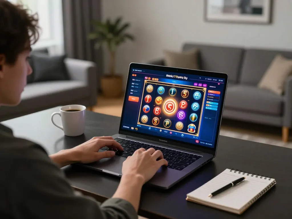 Player engaging with the alexis77 online casino, enjoying vibrant slot game experience on laptop at home