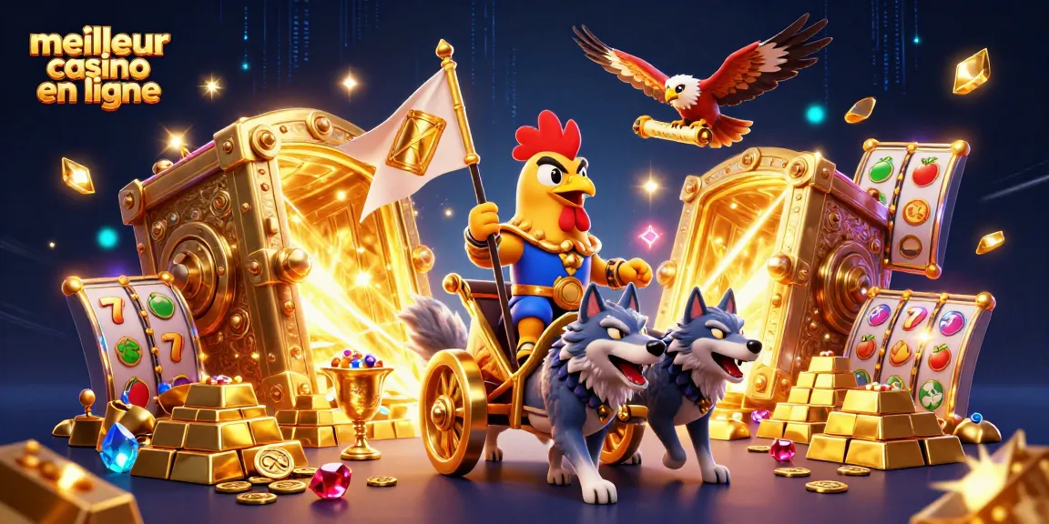 Illustration d'un meilleur casino en ligne avec un coq roi, un char doré et des piles d'or scintillantes.