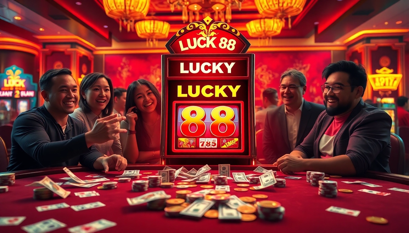 Players enjoying the thrilling 'Lucky 88' slot machine experience at https://lucky88.at/, surrounded by chips and excitement.