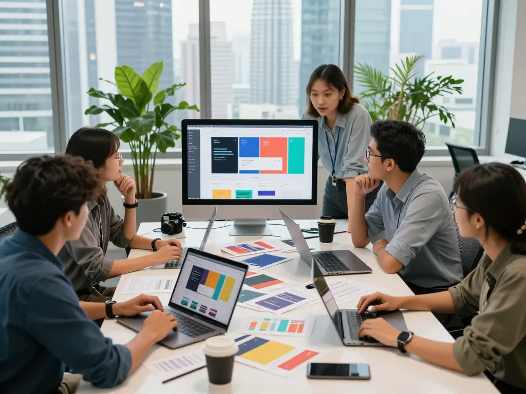 Team of freelance web designers in Kuala Lumpur collaborating on innovative website design solutions emphasizing website designer Malaysia expertise.