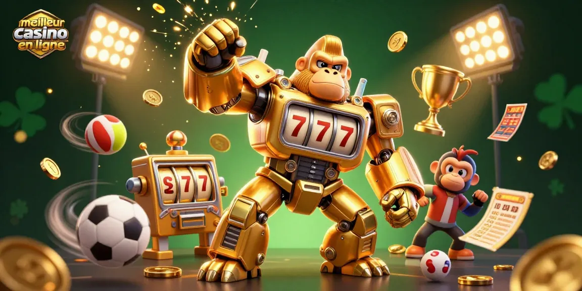 Illustration 3D dynamique avec un gorille mech doré et le meilleur casino en ligne