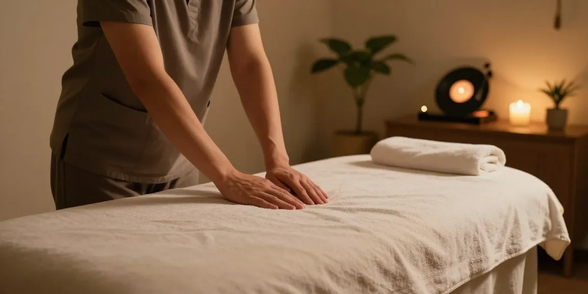 마사지 테라피 방에서 편안한 분위기, 마사지 테이블 준비 중