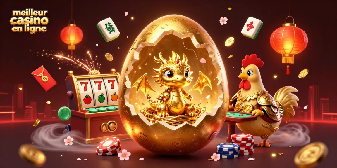 Visualisez le meilleur casino en ligne avec un œuf d'or révélant un dragon en or, entouré de jetons de poker.