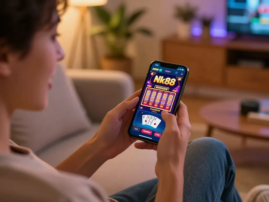 Nk88 player engaging in exciting bets on a mobile app in a cozy living room.
