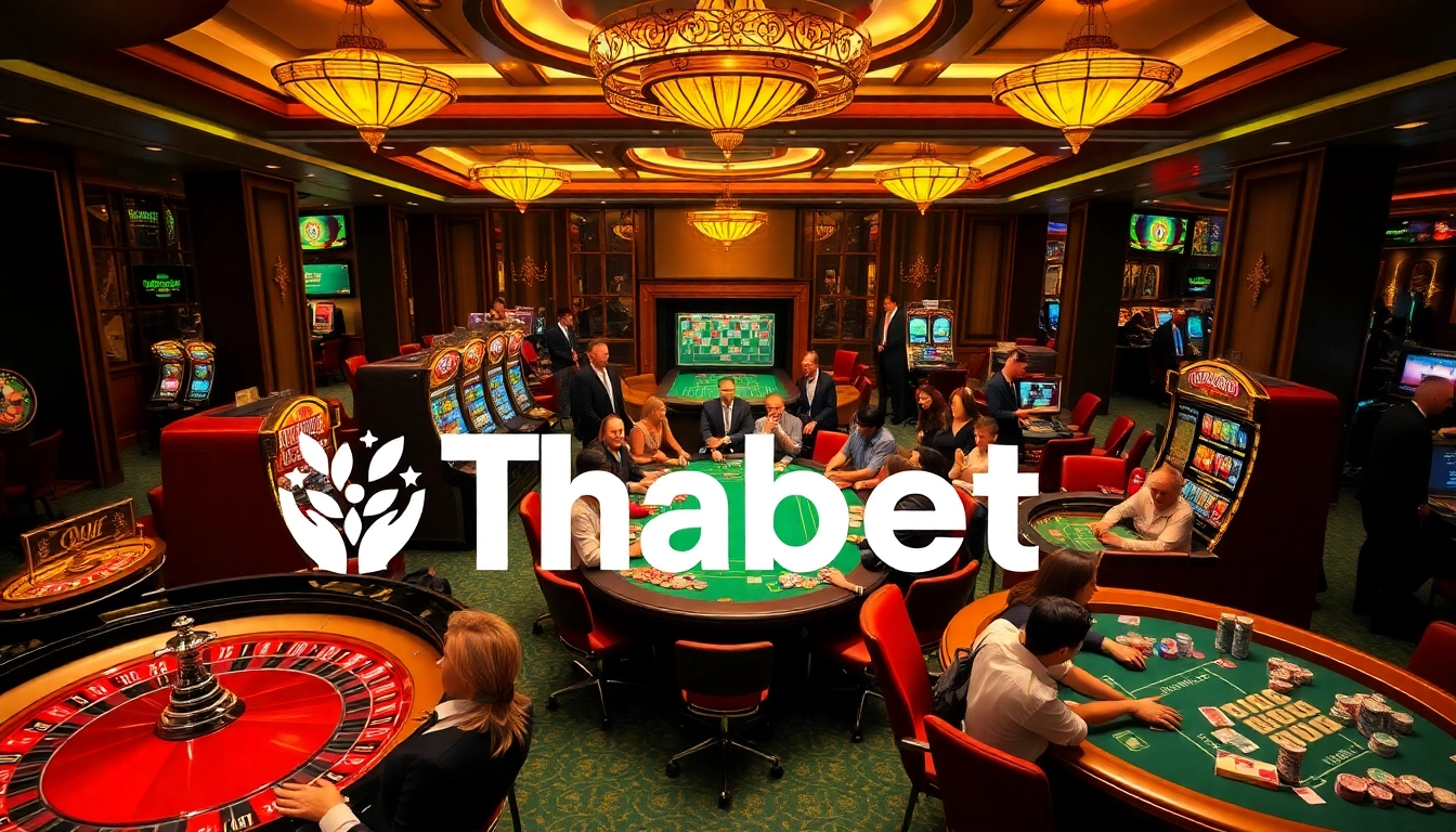 Engaging gambling scene at Thabet with poker chips, cards, and roulette wheels.