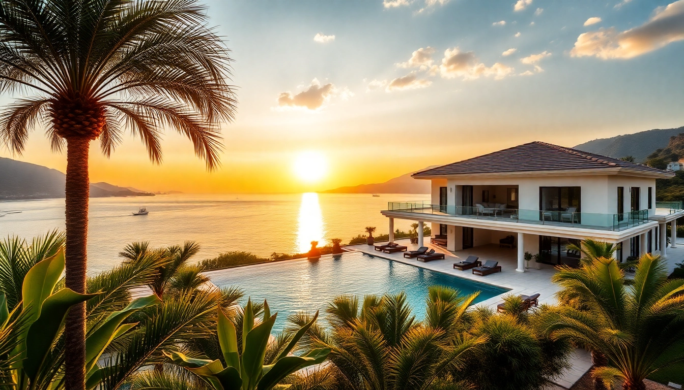 Luxury villa for sale in Alanya with scenic Mediterranean views and lush gardens.