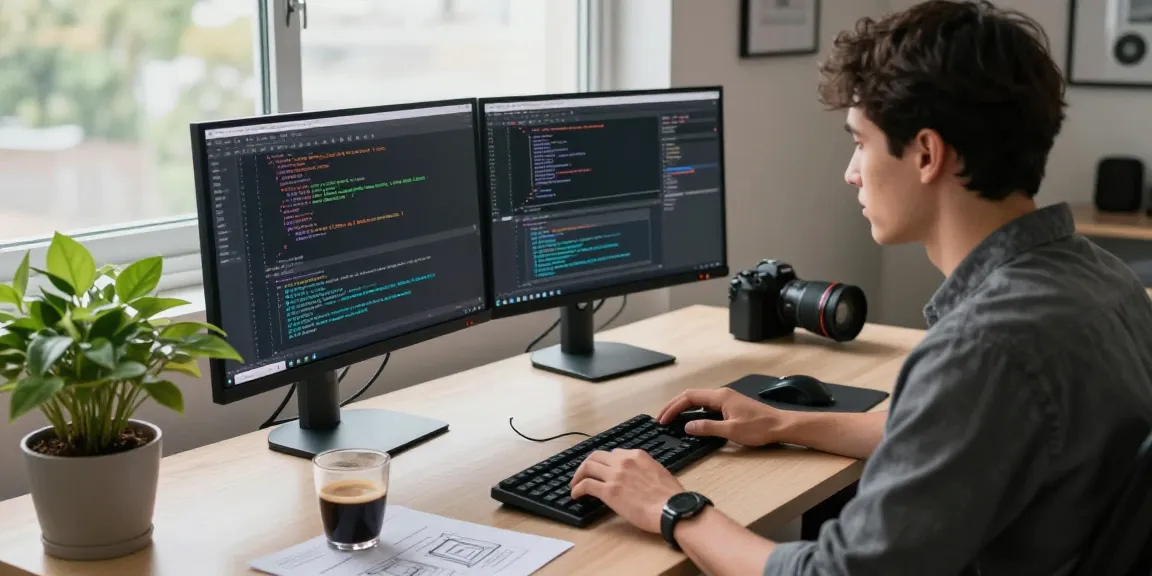 Developer coding on dual monitors in a modern workspace with 纸飞机下载 software tools.