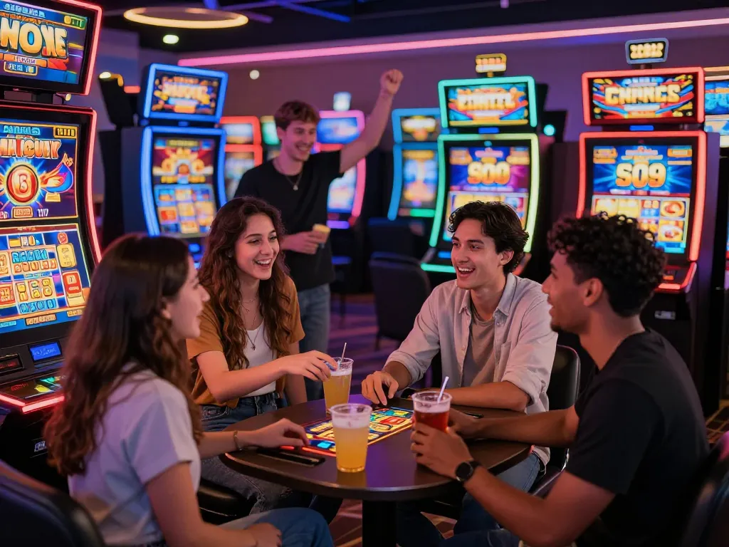 Teman-teman menikmati sesi permainan yang meriah di acara slot gacor hari ini, menampilkan mesin berwarna-warni dan suasana yang hidup.