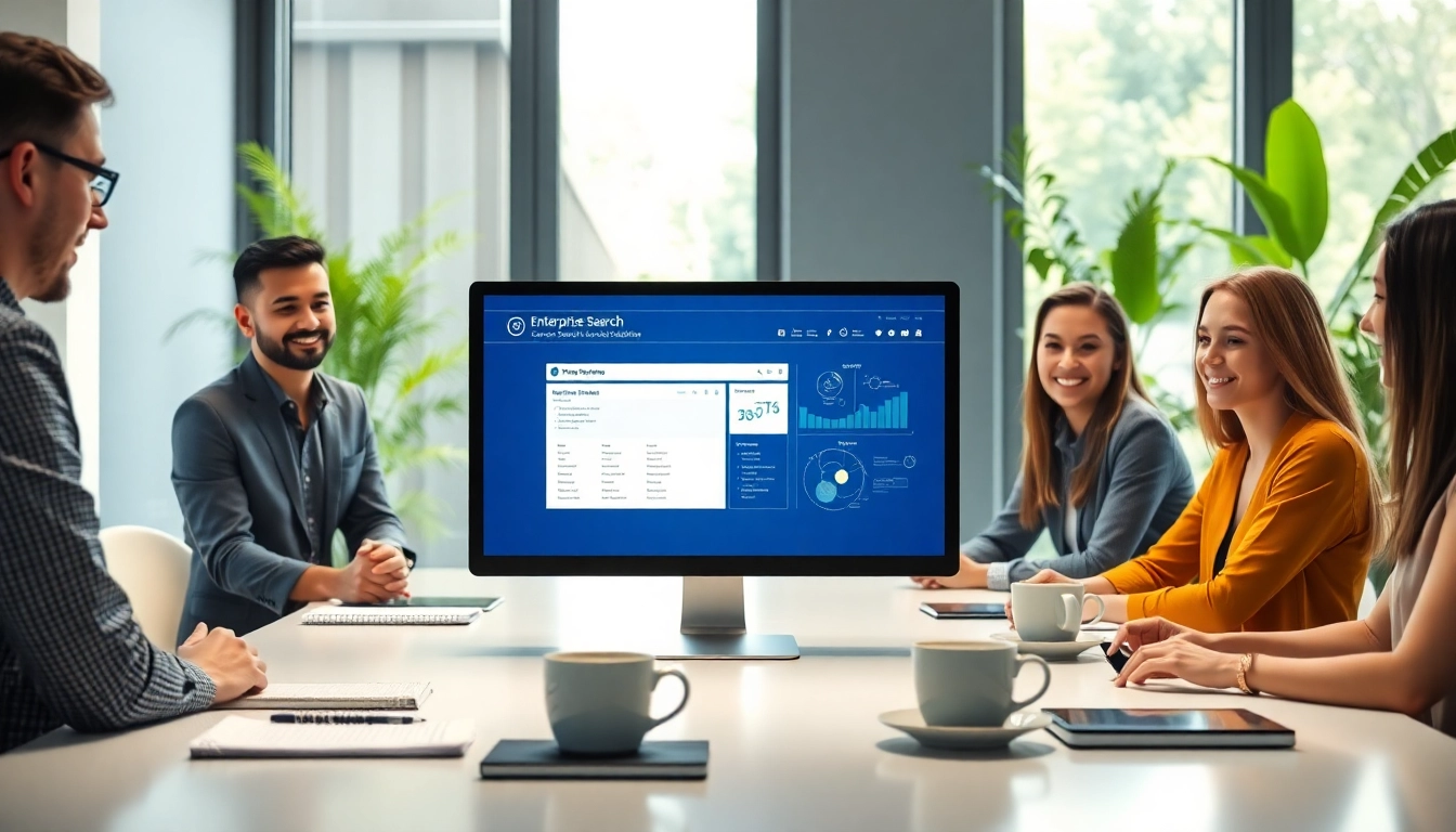 Team collaborating on enterprise search solutions software in a modern office environment.