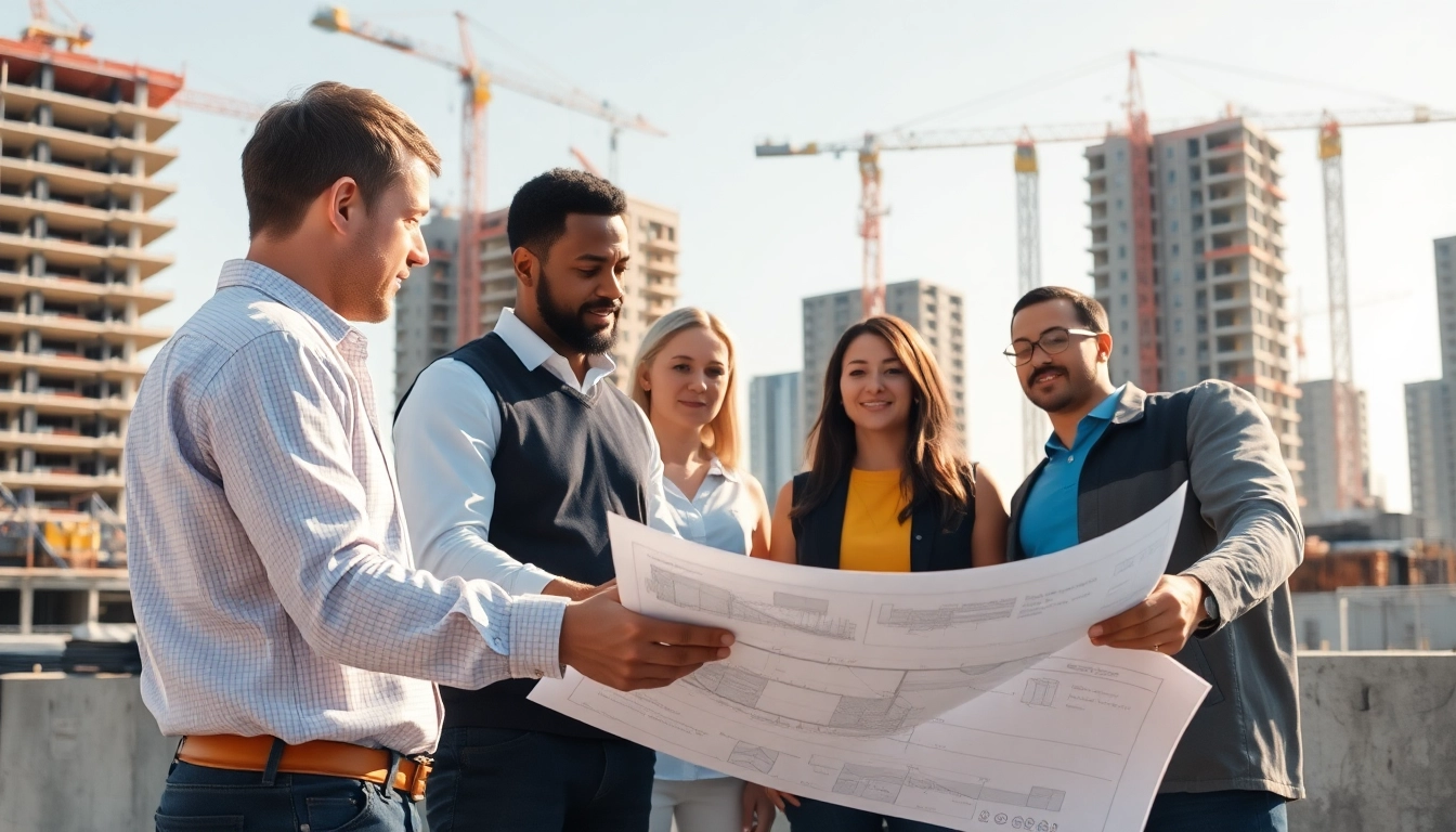Manhattan Construction Manager analyzing blueprints in an urban construction site.