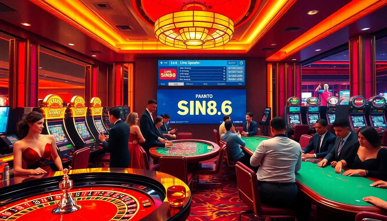 SIN88 players experience excitement at a luxurious casino with poker and roulette games.