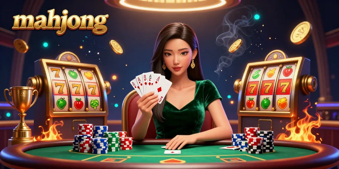 Engage in mahjong thrills with a stunning casino illustration showcasing a strategic player at a poker table amidst dynamic slot symbols and vibrant elements.