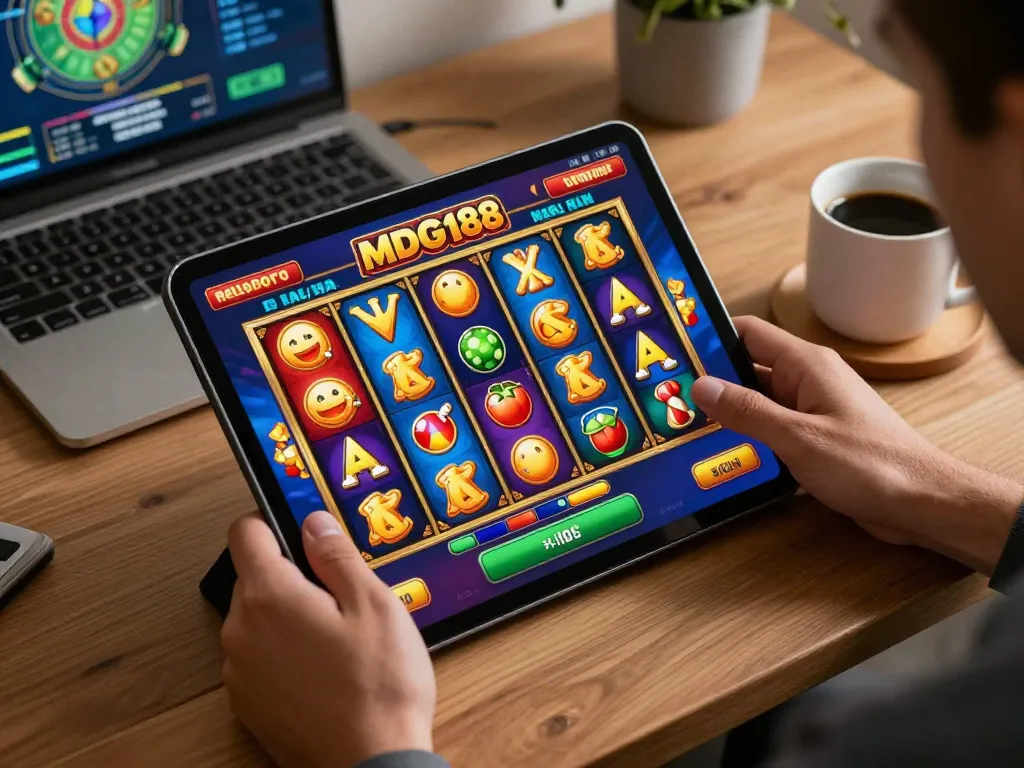 Engaging in mdg188 slo online slot gameplay on a tablet with vibrant visuals in a cozy home setting.