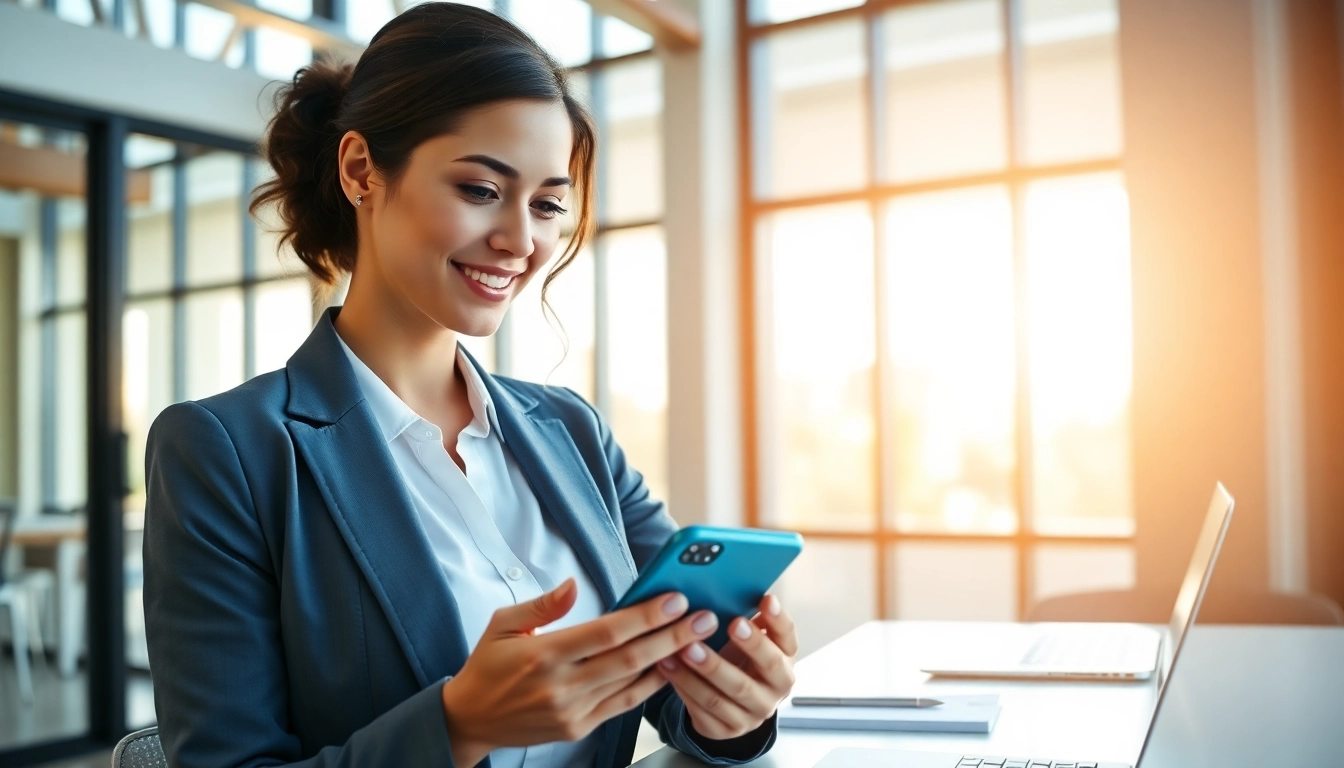 Understand what is a CRM for WhatsApp while a businesswoman uses mobile technology in a modern office setting.