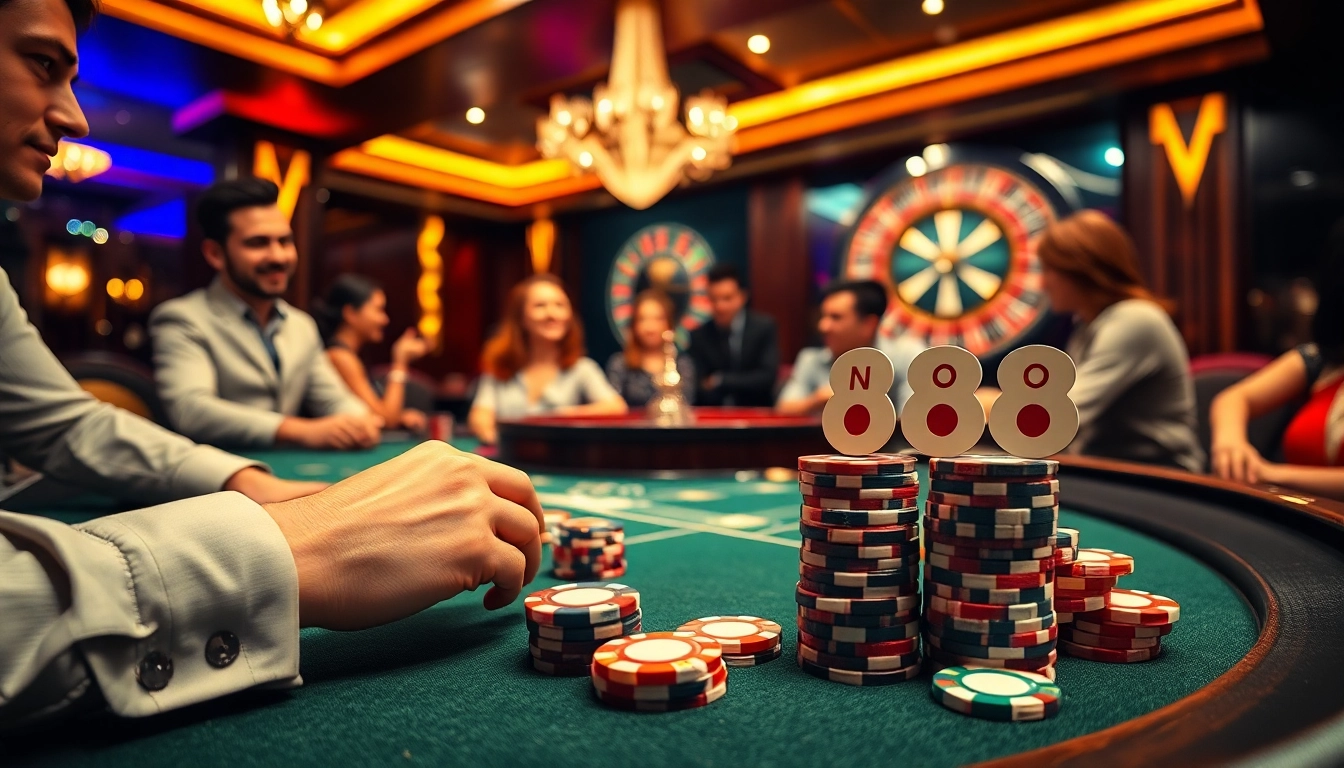 Experience thrilling poker action with NK88 poker chips at a luxurious casino table.