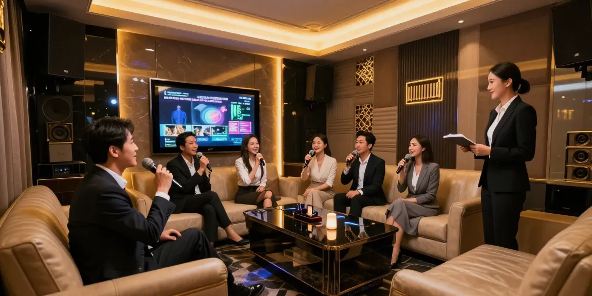 프리미엄 강남 노래방의 고급스러운 개인 공간에서 강남쩜오 문화를 체험하는 비즈니스 고객의 모습